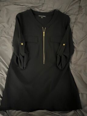 Boston Proper Black Top with Gold Zip Detail